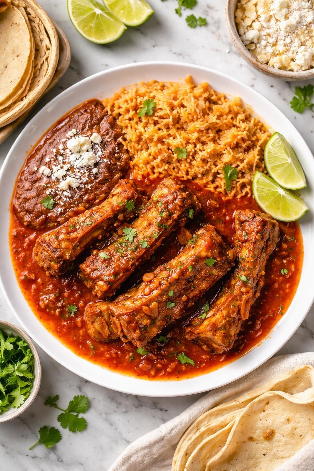 An overheard picture view of a plate of Costillas en Salsa Roja sitting on a marble countertop table in the kitchen, professional food photography style.