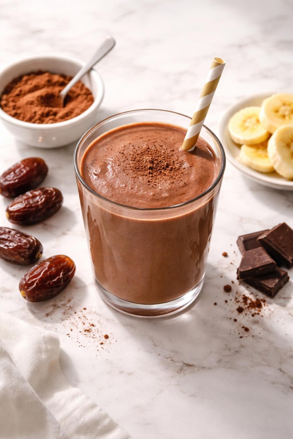 Realistic top-down food photography of a chocolate date smoothie served in a clear glass on a clean white marble countertop. The smoothie is rich chocolate brown, thick, smooth, and creamy, styled with cocoa powder in a plain small bowl, pitted dates, banana slices, and a few dark chocolate pieces nearby. Soft natural window lighting, clean dessert smoothie styling, high detail, realistic creamy texture, no people, no hands, no text, no watermarks.