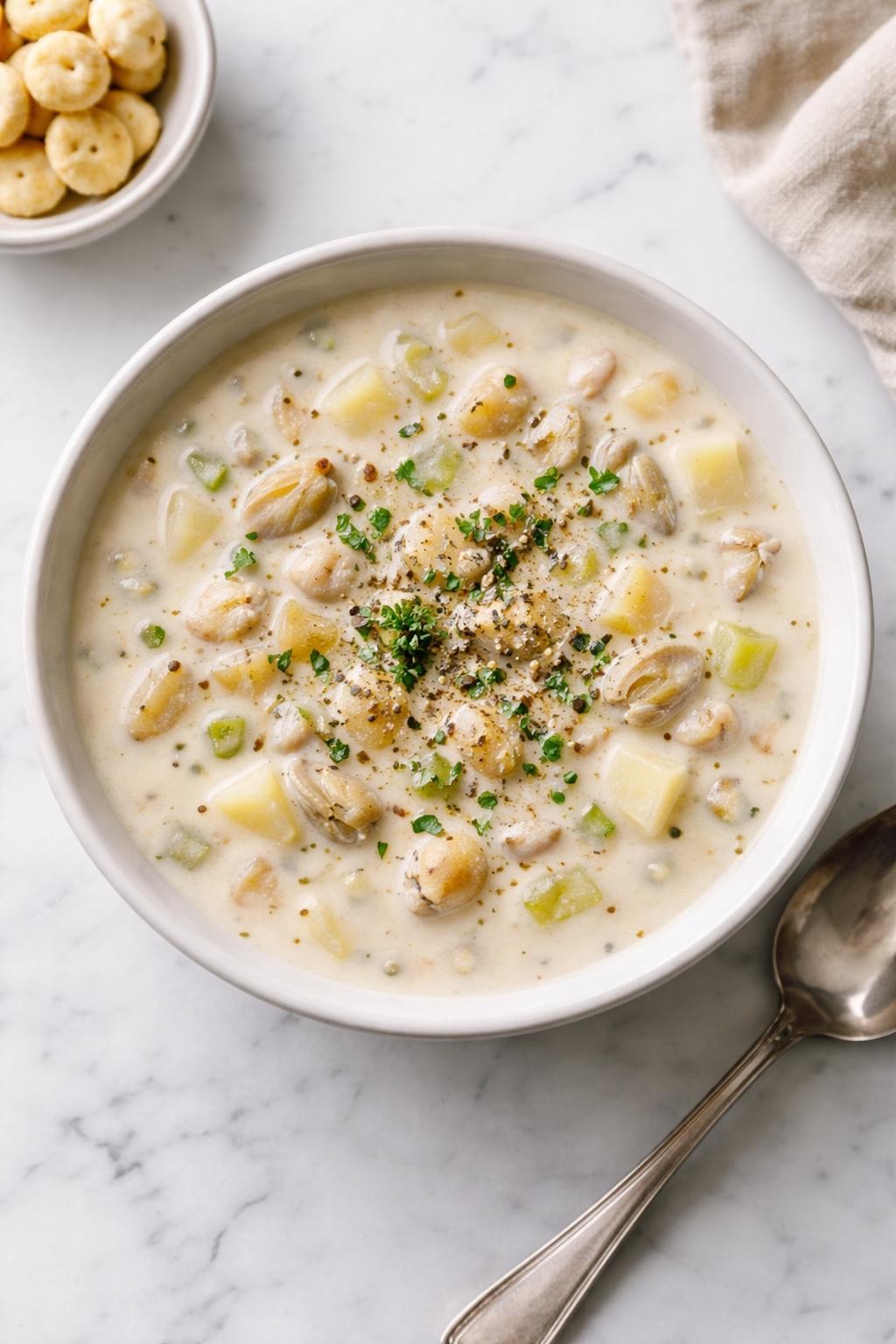 Prompt: Top-down realistic editorial food photography of a bowl of old-fashioned clam chowder on a clean white marble countertop, thick creamy chowder filled with chopped clams, soft diced potatoes, onion, and celery in a pale rustic broth, topped with black pepper and a little parsley, simple neutral soup bowl, traditional homemade comfort food mood, bright natural daylight, soft shadows, clean composition, high detail, realistic food texture, no people, no hands, no text, no watermarks, no props with writing.