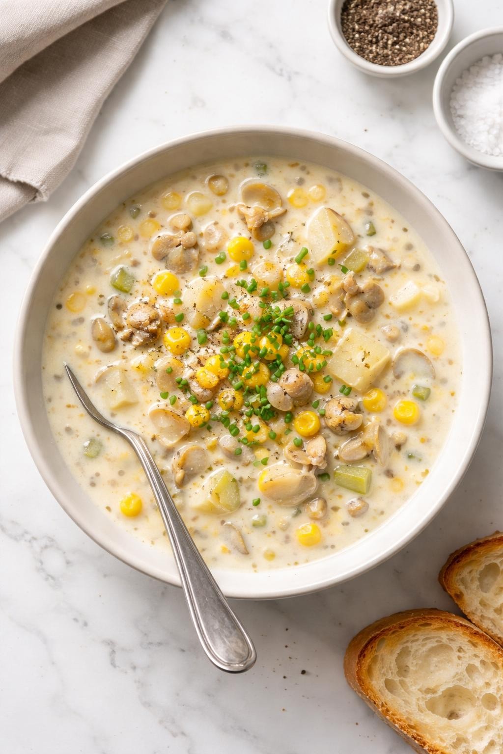 Prompt: Top-down realistic editorial food photography of a bowl of corn clam chowder on a clean white marble countertop, creamy chowder filled with chopped clams, sweet yellow corn kernels, diced potatoes, onion, and celery in a thick pale broth, finished with black pepper and a small sprinkle of chopped chives, neutral soup bowl, warm homemade soup mood, natural window light, soft shadows, clean composition, high detail, realistic food texture, no people, no hands, no text, no watermarks, no props with writing.