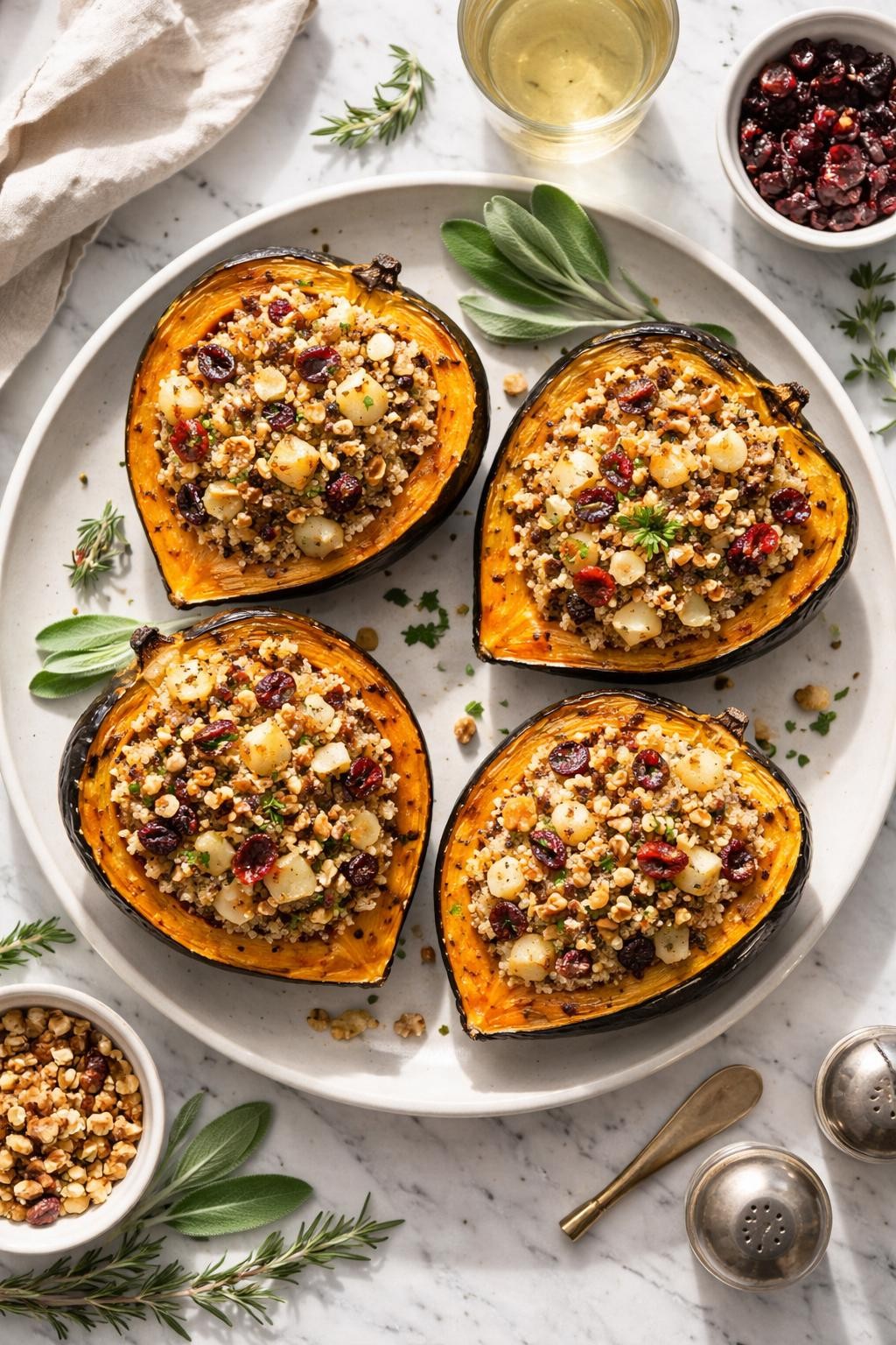 Image Prompt: Top-down realistic editorial food photography of stuffed acorn squash on a clean white and gray marble countertop, roasted acorn squash halves filled with quinoa, apples, cranberries, and walnuts, cozy festive Thanksgiving main dish styling, bright natural light, soft shadows, high detail, no people, no hands, no text, no watermarks, no props with writing.