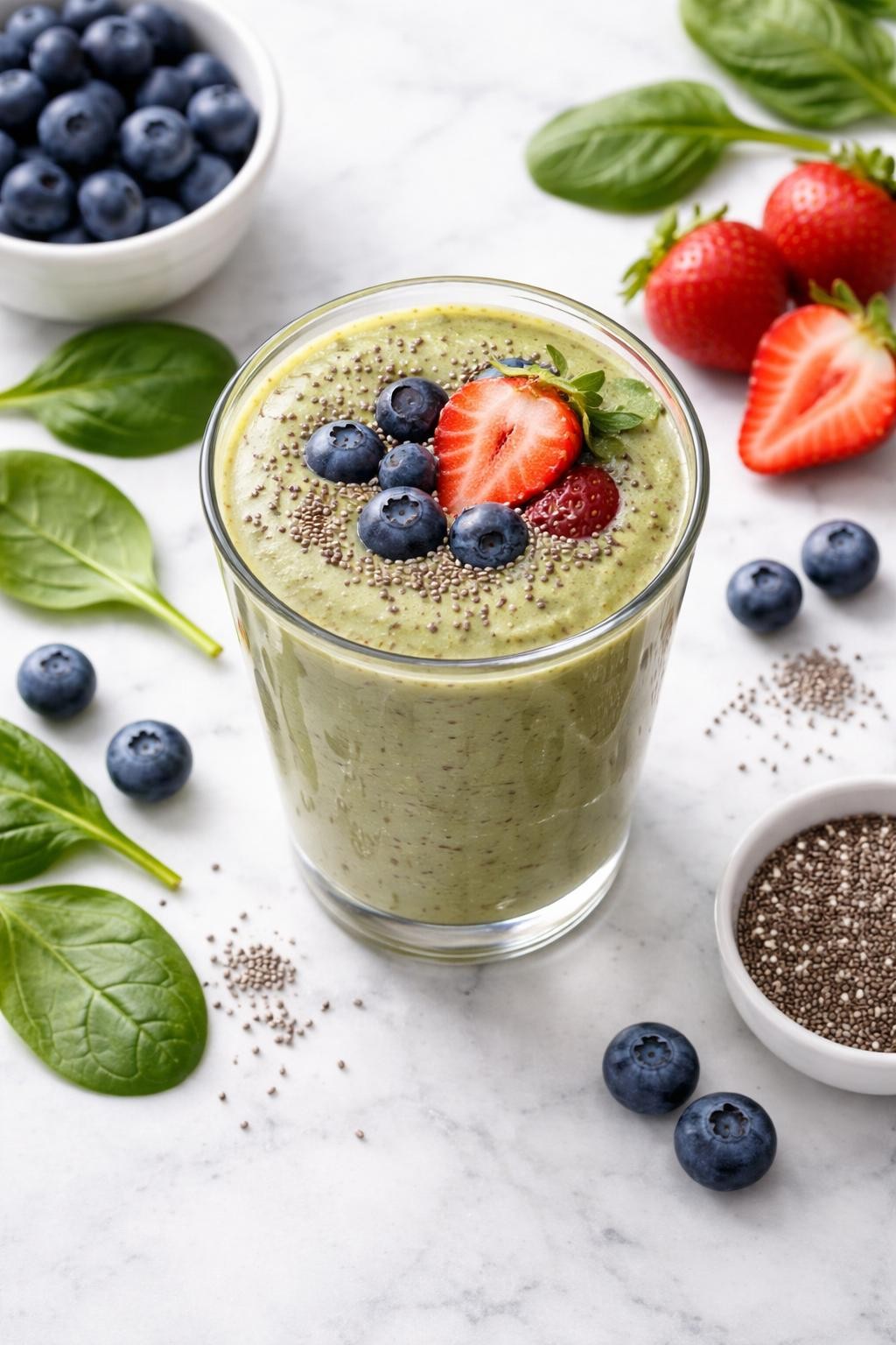 Realistic top-down editorial food photography of a green berry smoothie in a clear glass on a clean white marble countertop. The smoothie is muted green with a slight berry tint, creamy and smooth, styled with blueberries, strawberries, spinach leaves, and a few chia seeds scattered neatly nearby. Soft natural daylight, clean homemade breakfast mood, high detail, realistic smoothie texture, no people, no hands, no text, no watermarks, no props with writing.
