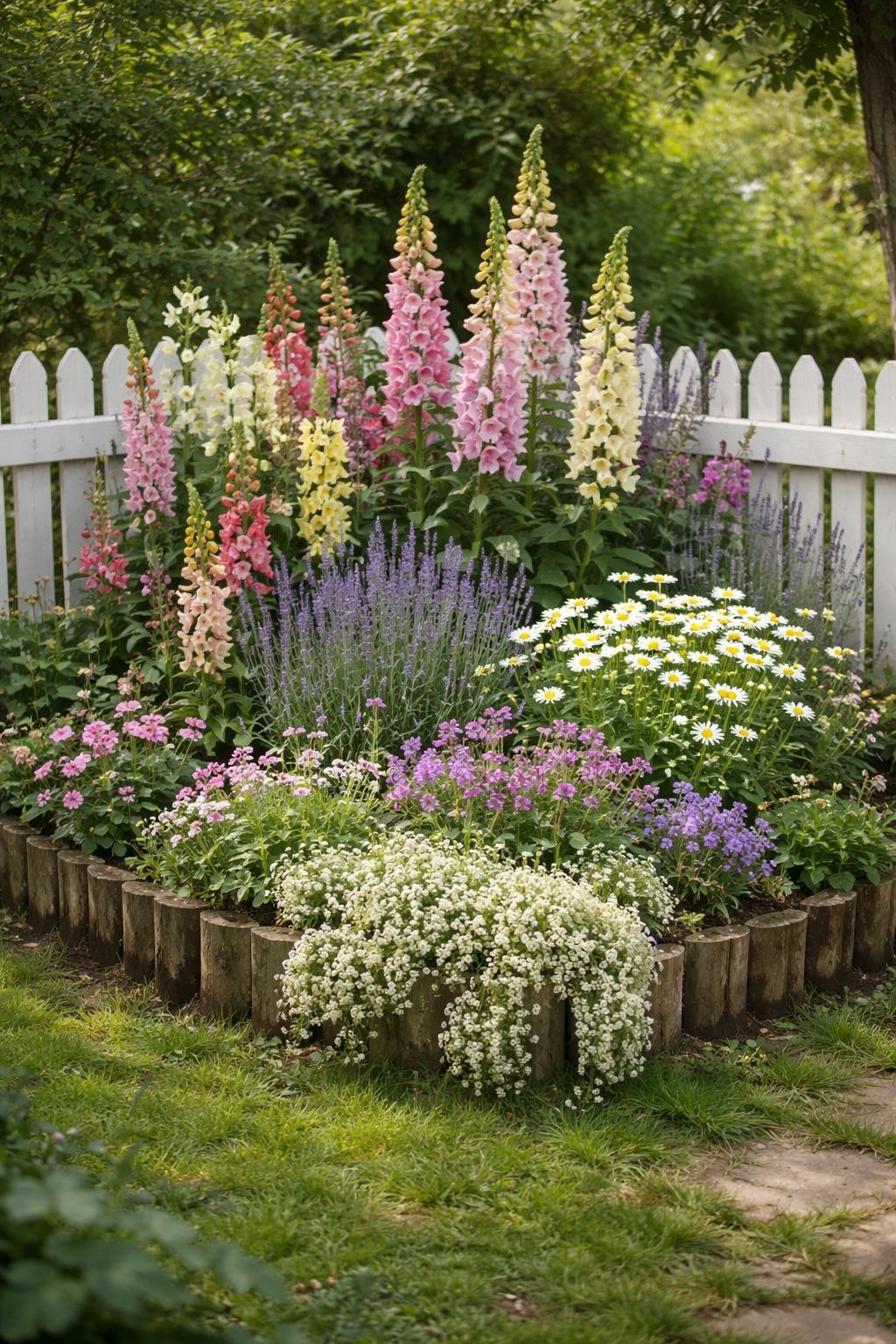 Image Prompt: A small cottage-style corner flower bed beside a white fence, filled with foxgloves, daisies, snapdragons, lavender, and trailing sweet alyssum, layered heights, rustic wooden edging, soft natural light, cozy backyard corner, realistic cottage garden photography, no people, no text, no watermark.
