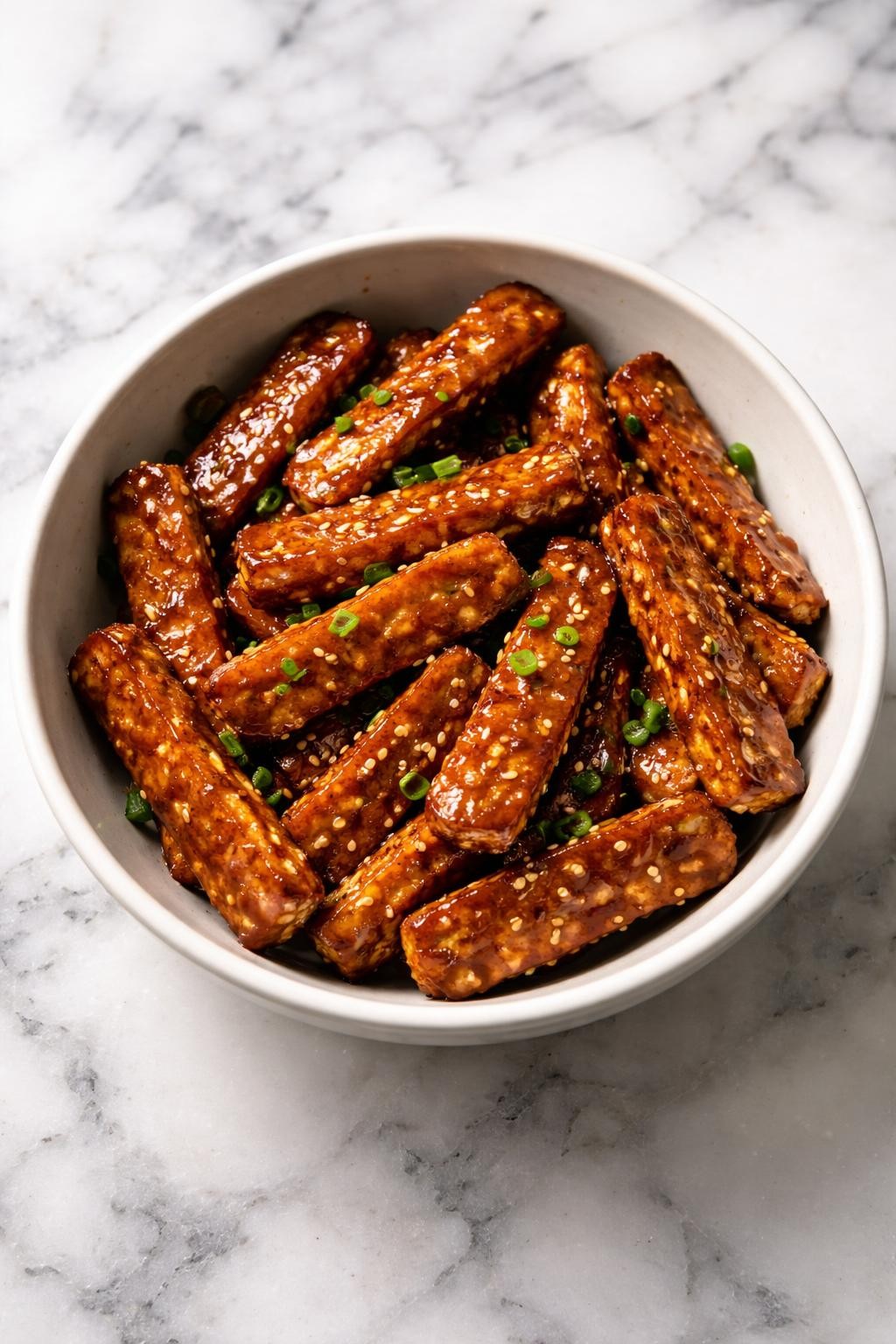 Image Prompt: Top-down realistic editorial food photography of homemade vegan maple soy tempeh on a clean white and gray marble countertop, golden browned tempeh strips glazed with maple soy sauce in a simple serving bowl, warm savory homemade meal mood, bright natural window lighting, soft shadows, high detail, no people, no hands, no text, no watermarks, no props with writing.