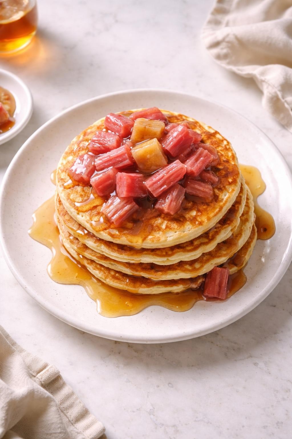 Image Prompt: Top-down realistic editorial food photography of a stack of vegan rhubarb pancakes on a white plate over a clean marble countertop, fluffy pancakes topped with a glossy pink rhubarb sauce, maple syrup lightly drizzled, soft morning daylight, cozy breakfast mood, clean composition, no people, no hands, no text, no watermarks, no props with writing.