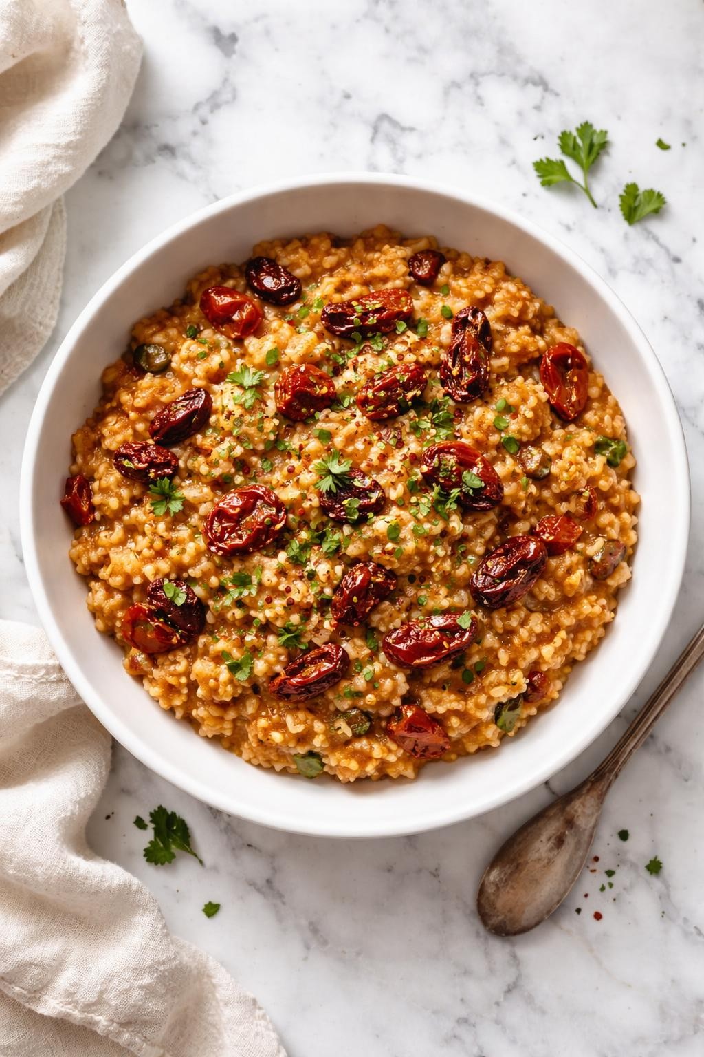 Image Prompt: Top-down realistic editorial food photography of vegan sun-dried tomato risotto in a white bowl on a clean white and gray marble countertop, creamy arborio rice with chopped sun-dried tomatoes and herbs, rich glossy texture and deep red accents, cozy homemade dinner styling, natural daylight, high detail, no people, no hands, no text, no watermarks, no props with writing.