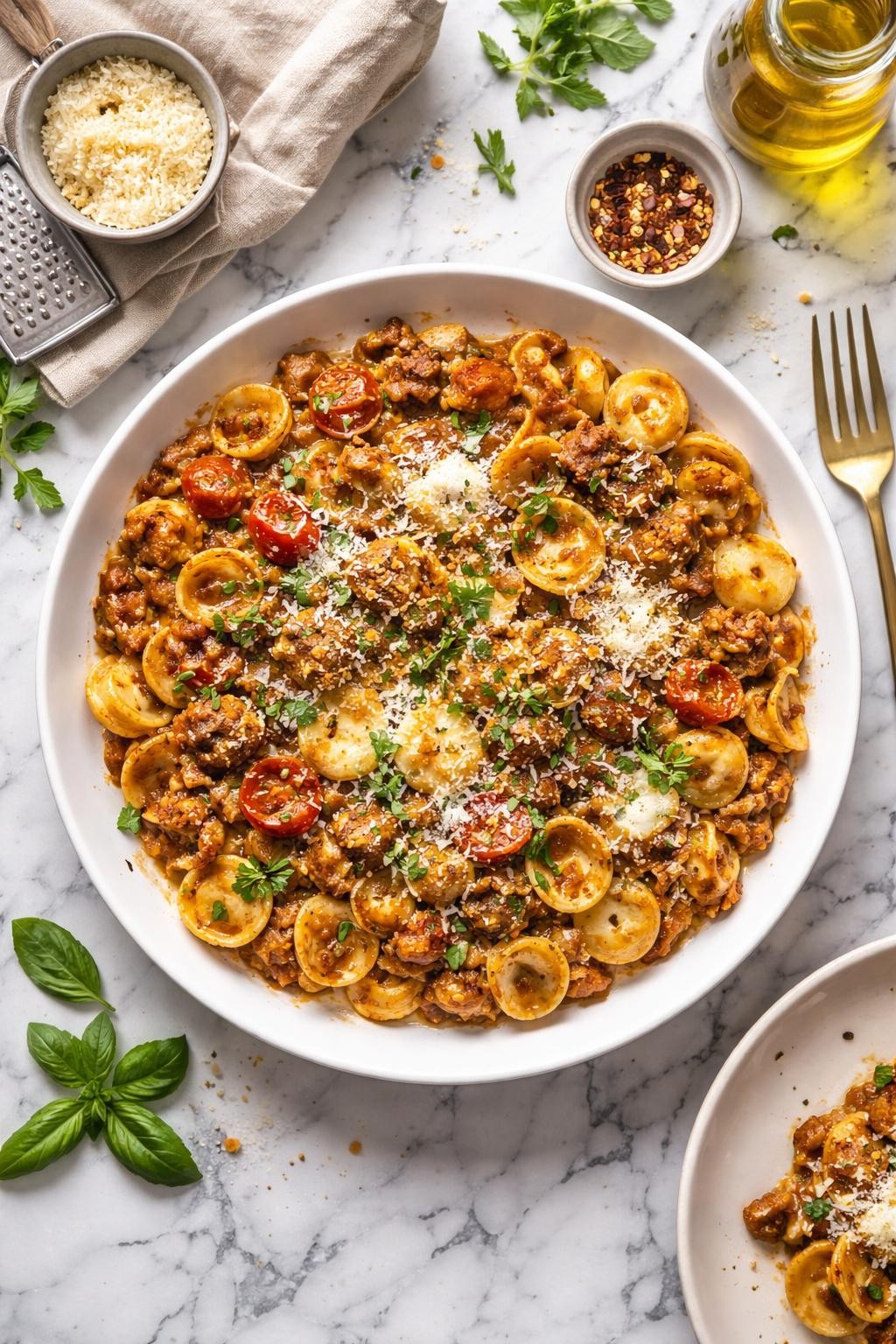 An overheard picture view of a plate of Baked Orecchiette with Lamb (Matera-Style) sitting on a marble countertop table in the kitchen, professional food photography style.