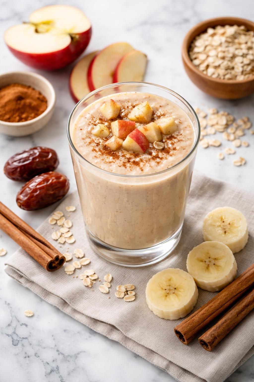 Realistic top-down editorial food photography of an apple cinnamon date smoothie in a clear glass on a clean white and gray marble countertop. The smoothie is pale beige, thick, smooth, and creamy, styled with apple slices, pitted dates, cinnamon, banana rounds, and rolled oats nearby. Natural window lighting, cozy breakfast smoothie styling, realistic creamy texture, high detail, no people, no hands, no text, no watermarks, no props with writing.