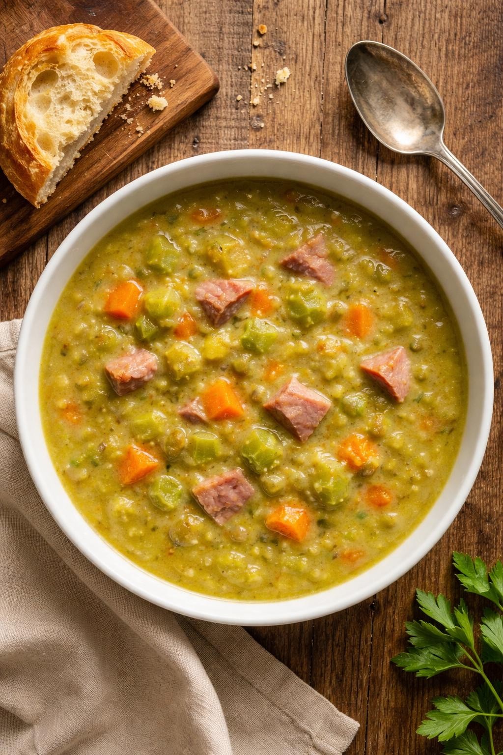 "Top-down realistic shot of a white bowl filled with thick green split pea soup, showing small bits of ham and softened carrots and celery. A piece of crusty bread on a wooden board next to the bowl. Soft natural light, zero-waste budget soup, no people, no hands, no text, no watermarks."