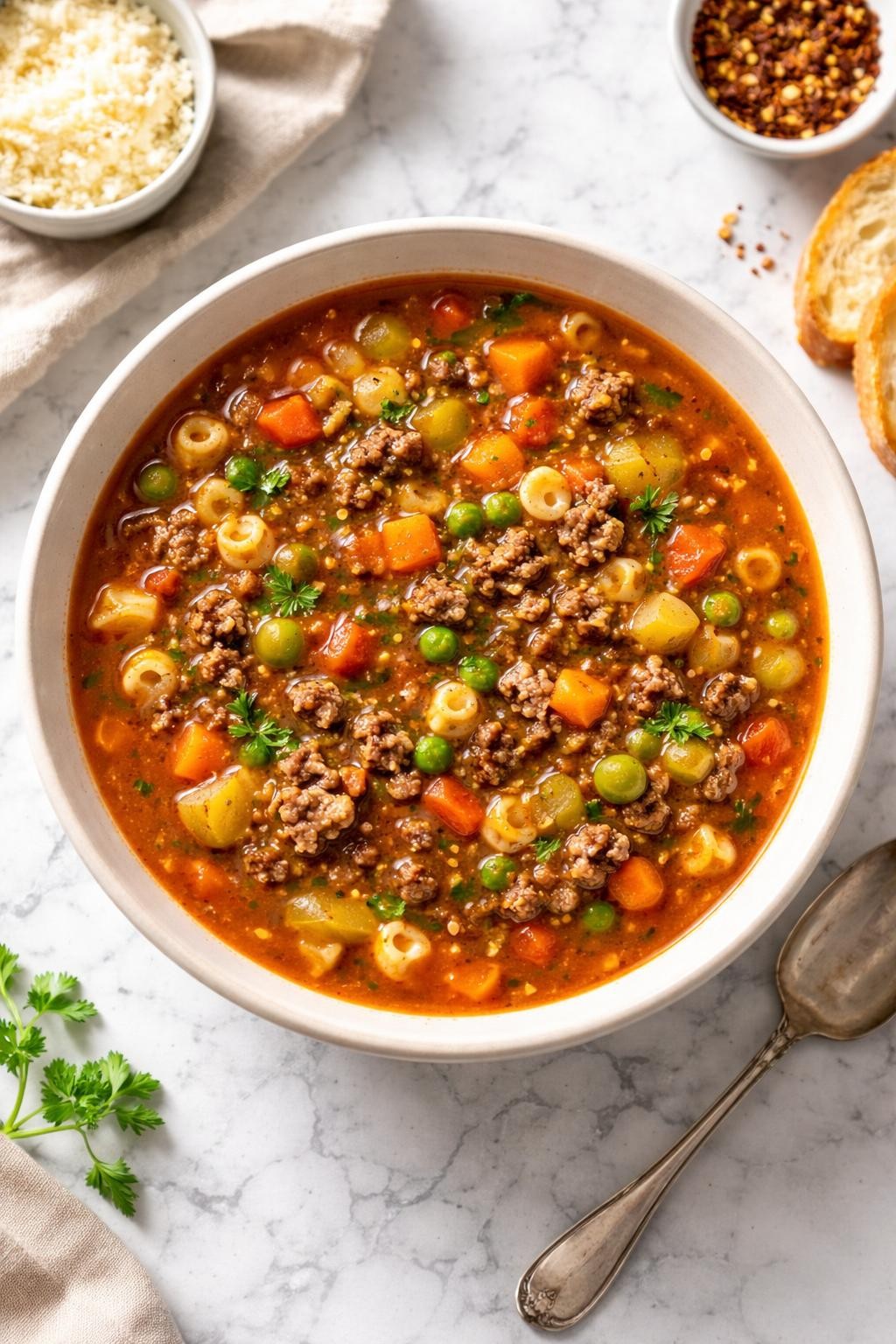 Image Prompt: Top-down realistic editorial food photography of vegetable beef soup with pasta in a deep bowl on a clean white and gray marble countertop, rich broth filled with ground beef, small pasta, carrots, celery, tomatoes, and peas, cozy homemade dinner styling, bright natural light, soft shadows, high detail, no people, no hands, no text, no watermarks, no props with writing.