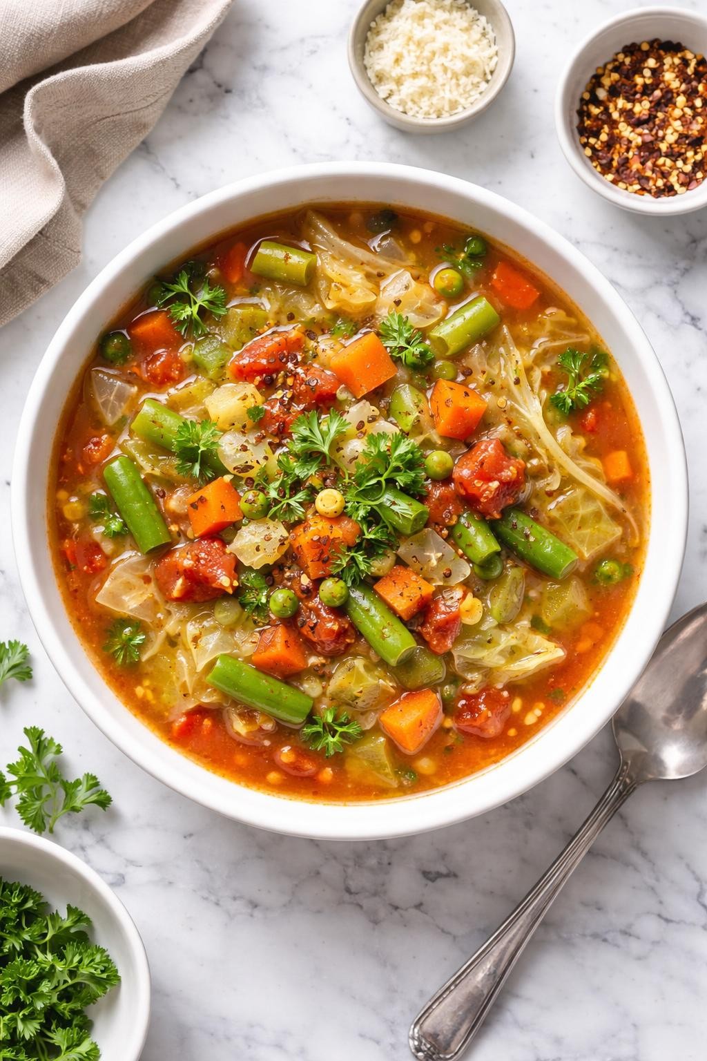 An overheard picture view of a plate of Diet Cabbage Soup with Frozen Vegetables sitting on a marble countertop table in the kitchen, professional food photography style.