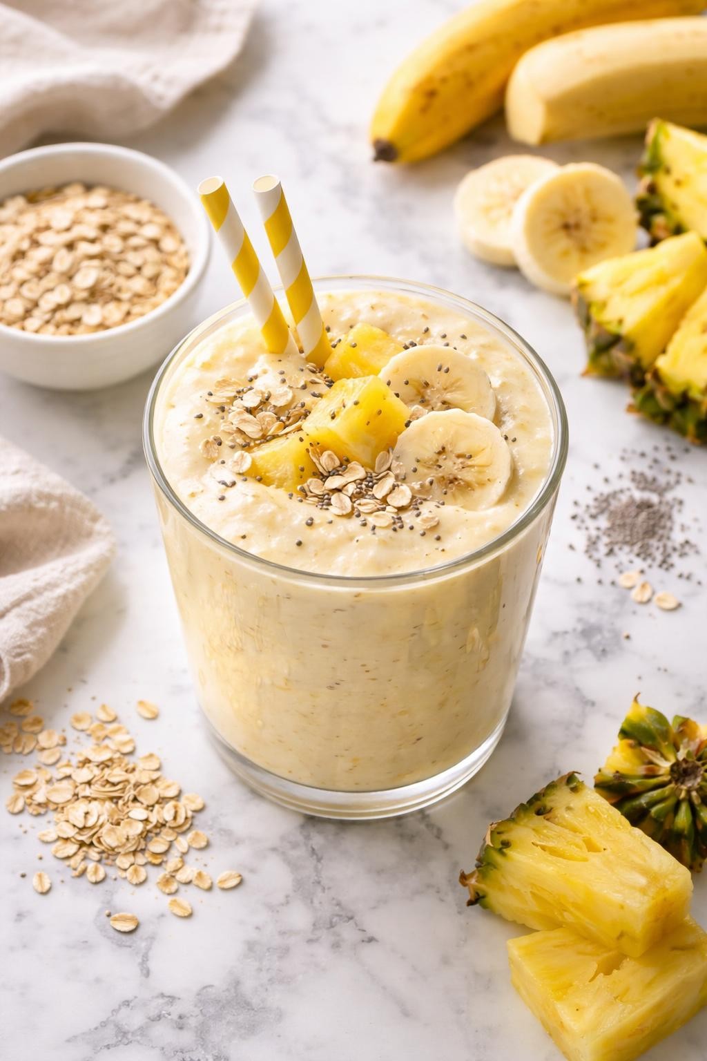 Realistic top-down editorial food photography of a thick pineapple oat breakfast smoothie in a clear glass on a white and gray marble countertop. The smoothie is pale yellow and creamy, styled with rolled oats, pineapple chunks, banana slices, and a small sprinkle of chia seeds nearby. Natural window lighting, cozy clean breakfast mood, realistic thick smoothie texture, high detail, no people, no hands, no text, no watermarks, no props with writing.