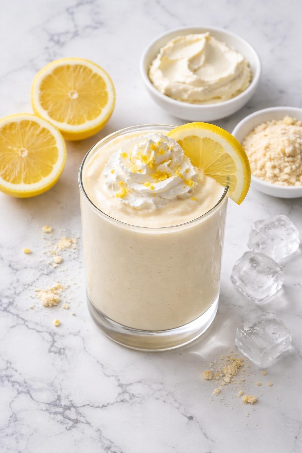Realistic top-down editorial food photography of a creamy keto lemon cheesecake smoothie in a clear glass on a clean white and gray marble countertop. The smoothie is pale cream-yellow, thick, and smooth, styled with lemon slices, a small plain dish of cream cheese, almond flour crumbs, and ice cubes nearby. Bright natural light, clean dessert-inspired smoothie styling, high detail, realistic creamy texture, no people, no hands, no text, no watermarks, no props with writing.