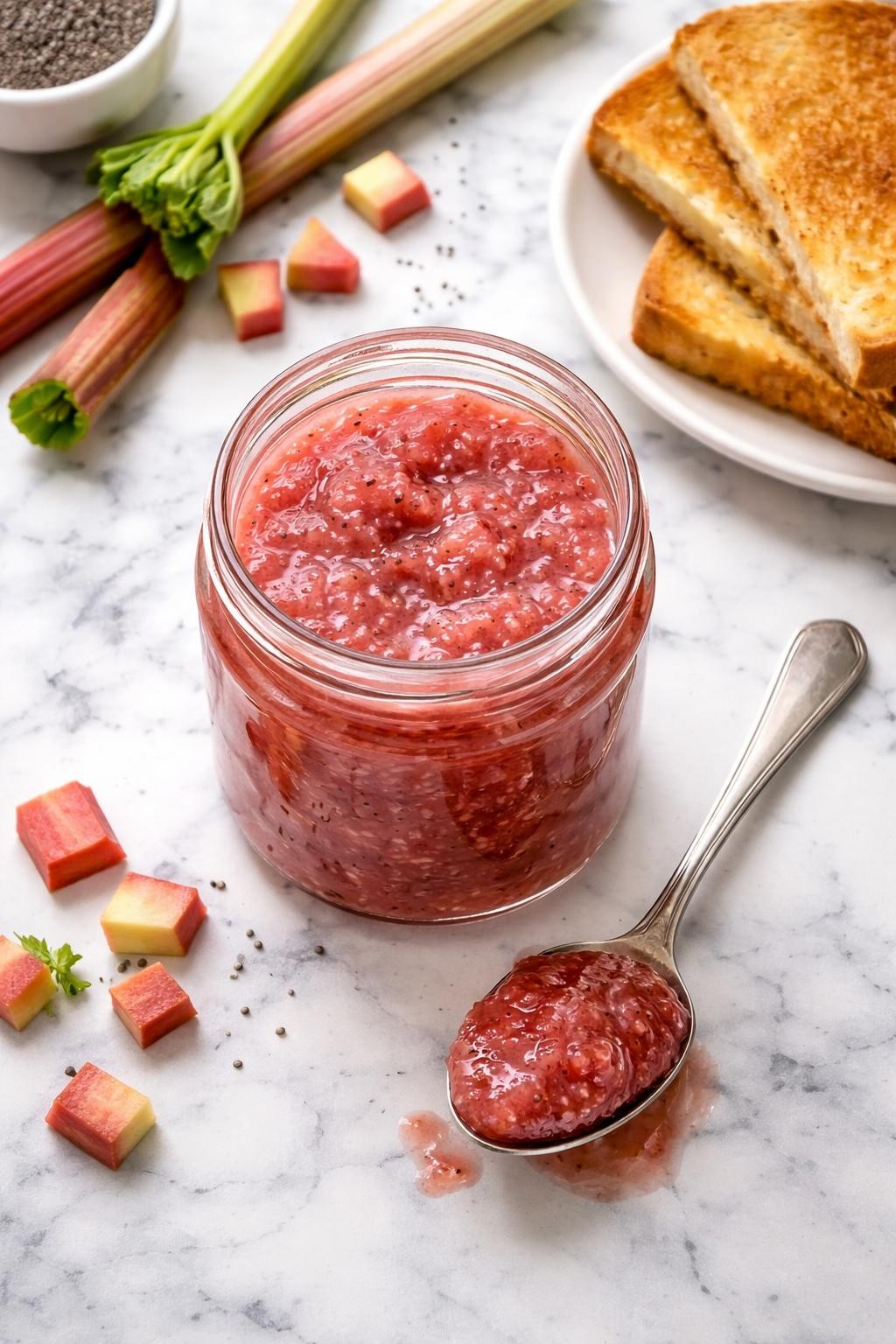 Image Prompt: Top-down realistic editorial food photography of a jar of homemade vegan rhubarb chia jam on a clean white and gray marble countertop, soft pink jam with visible rhubarb texture inside a glass jar, a spoonful of jam beside it and slices of toast nearby, natural daylight, fresh homemade breakfast mood, high detail, clean composition, no people, no hands, no text, no watermarks, no props with writing.
