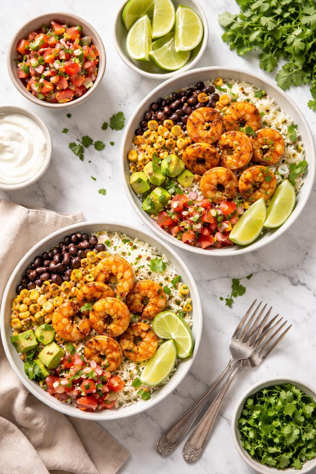 Image Prompt: Realistic top-down editorial food photography of Mexican shrimp rice bowls on a white marble countertop, bowls filled with seasoned shrimp, rice, black beans, corn, avocado, lime wedges, and chopped cilantro, bright natural daylight, fresh homemade dinner mood, no people, no hands, no text, no watermarks, no props with writing.