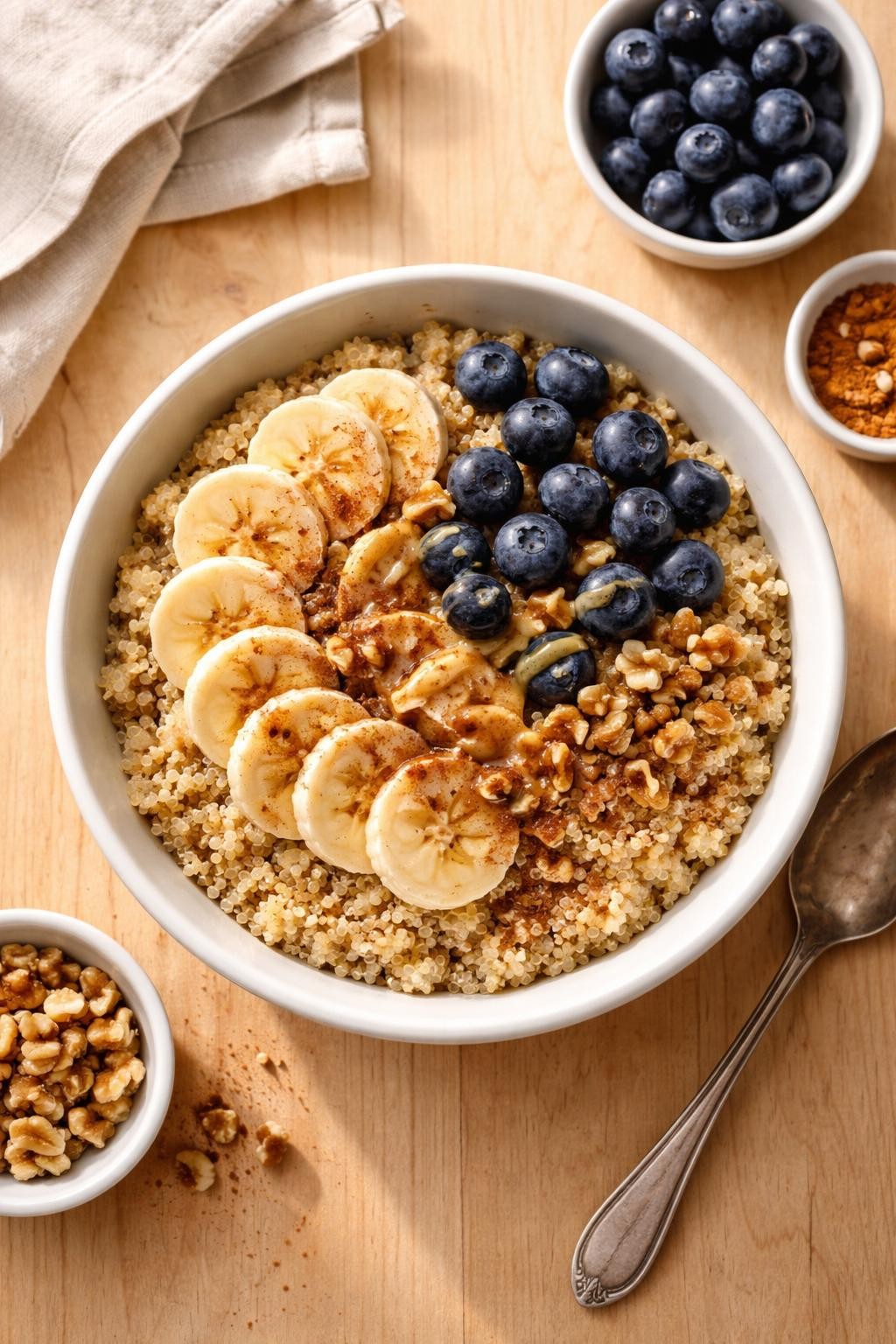 "Realistic top-down food photography of a white bowl filled with warm breakfast quinoa on a light wood table. The quinoa is topped with sliced bananas, fresh blueberries, a drizzle of almond butter, and a sprinkle of cinnamon. A few chopped walnuts on the side. Soft morning light, cozy and protein-packed breakfast-for-dinner, no people, no hands, no text, no watermarks."