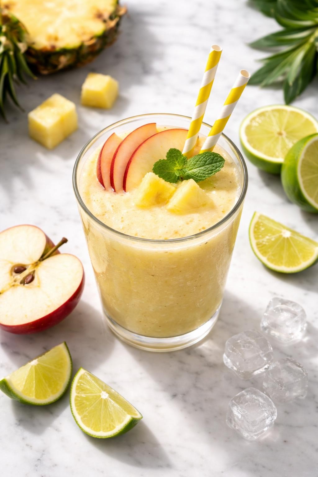 Realistic top-down editorial food photography of an apple pineapple smoothie in a clear glass on a clean white marble countertop. The smoothie is pale yellow and refreshing, styled with apple slices, pineapple chunks, lime wedges, and a few ice cubes nearby. Bright natural daylight, clean tropical drink styling, realistic smoothie texture, high detail, no people, no hands, no text, no watermarks, no props with writing.