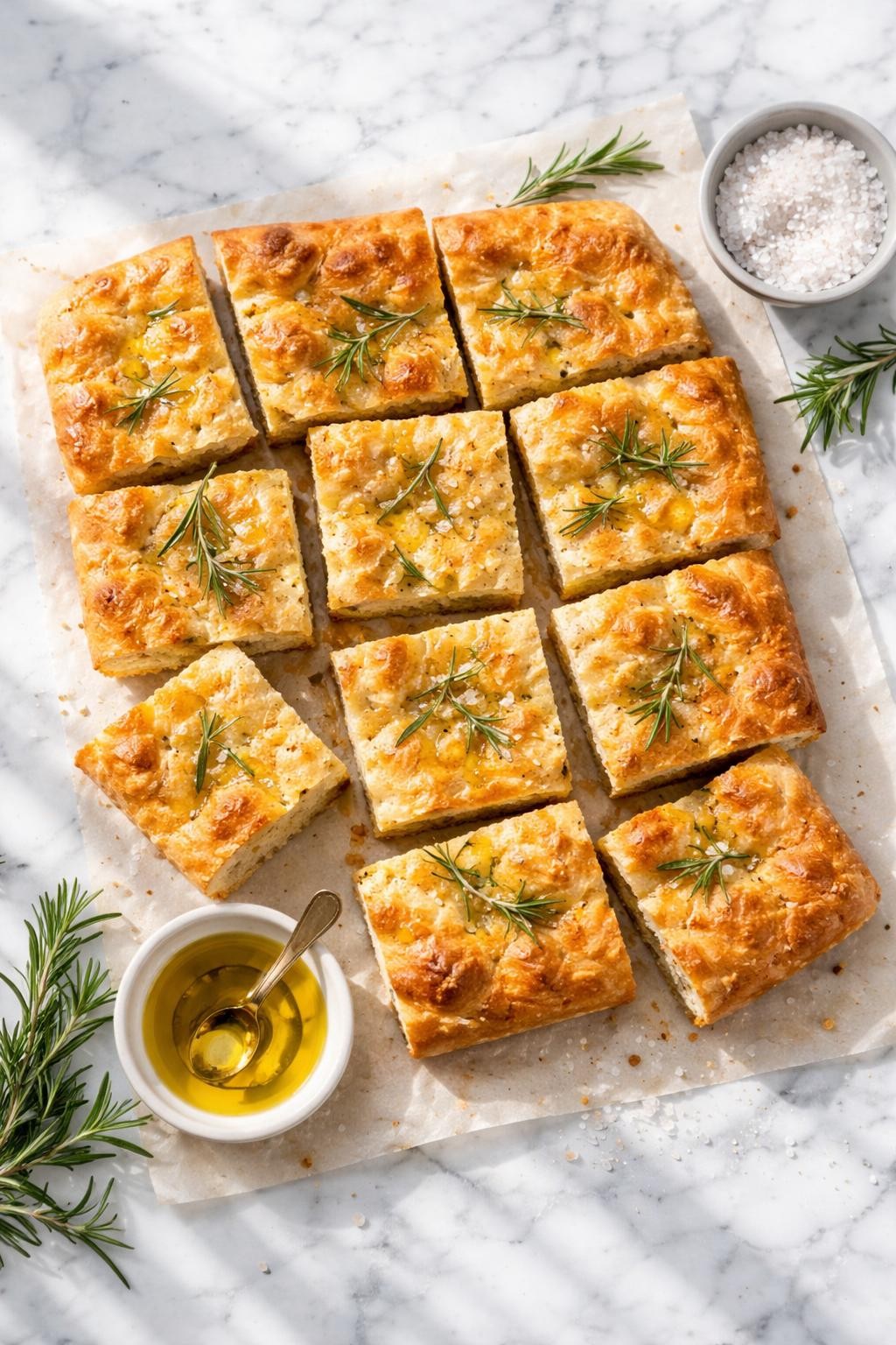 Image Prompt: Realistic top-down editorial food photography of homemade vegan focaccia on a white marble countertop, golden flatbread with olive oil, rosemary, and flaky salt, sliced into squares, airy texture visible, bright natural daylight, rustic Italian bakery mood, no people, no hands, no text, no watermarks, no props with writing.