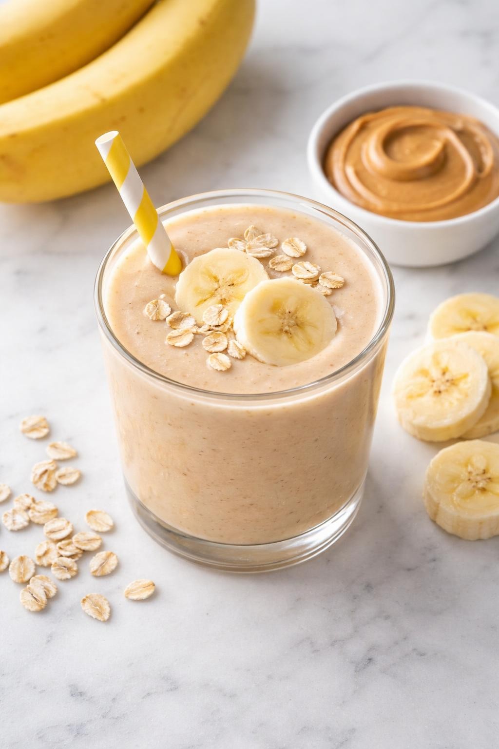 Realistic top-down food photography of a creamy peanut butter banana toddler smoothie served in a short clear cup on a clean white marble countertop. The smoothie is pale tan, thick, smooth, and creamy, styled with banana slices, a small plain dish of smooth peanut butter, and a few oat flakes nearby. Soft natural daylight, clean family snack styling, realistic creamy texture, high detail, no people, no hands, no text, no watermarks, no props with writing.