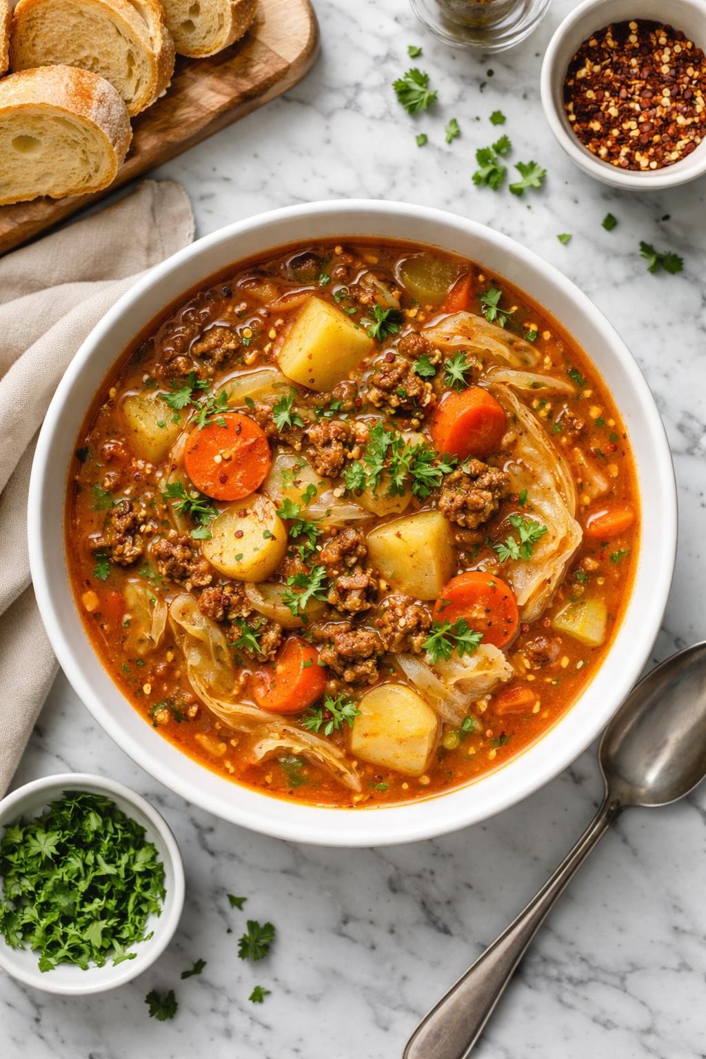 An overheard picture view of a plate of Hearty Cabbage Soup with Potatoes sitting on a marble countertop table in the kitchen, professional food photography style.