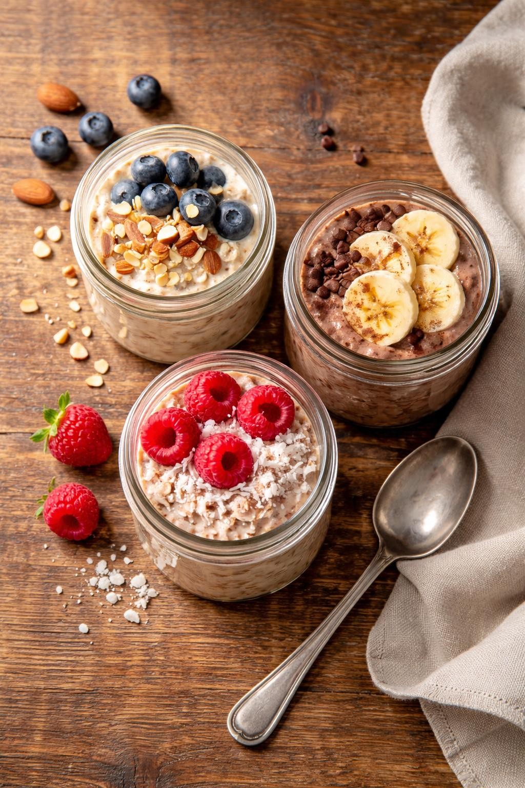 "Top-down realistic shot of three different mason jars of overnight oats: one with blueberries and almonds, one with cocoa powder and banana slices, one with raspberries and shredded coconut. A spoon resting beside the jars on a wooden table. Soft morning light, easy grab-and-go breakfast prep, no people, no hands, no text, no watermarks."