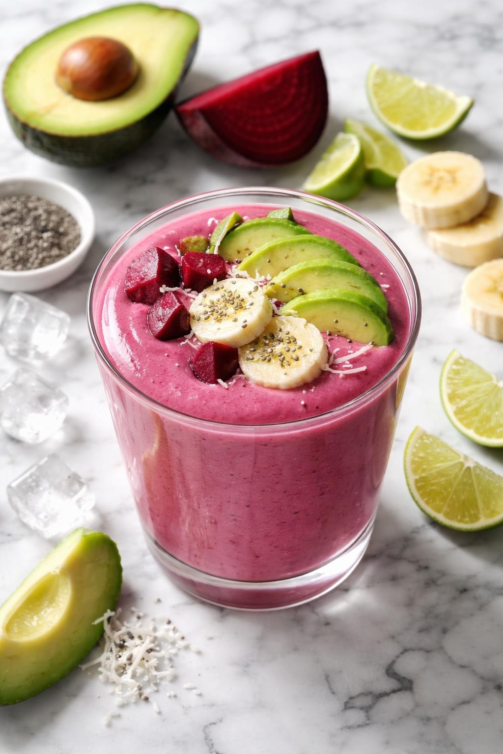 Realistic top-down editorial food photography of a beet avocado smoothie served in a clear glass on a clean white and gray marble countertop. The smoothie is creamy magenta-pink, thick, smooth, and glossy, styled with avocado slices, beet cubes, banana rounds, lime wedges, and a few ice cubes nearby. Soft natural light, clean healthy breakfast smoothie styling, high detail, realistic creamy texture, no people, no hands, no text, no watermarks, no props with writing.