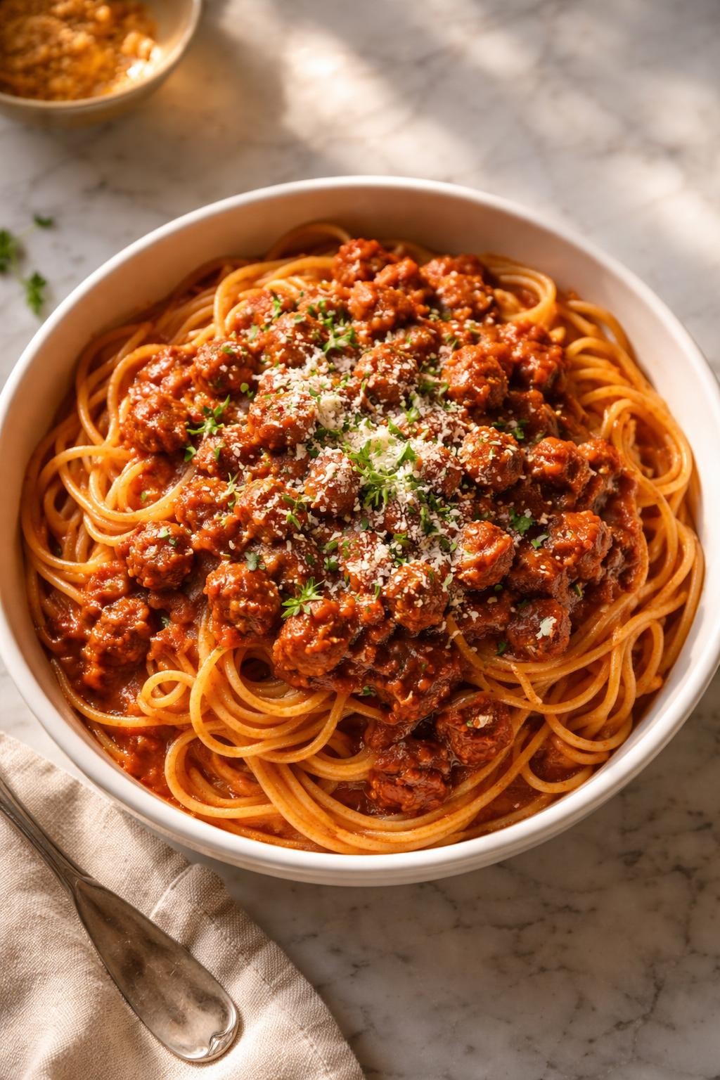 Image Prompt: Top-down realistic editorial food photography of pasta topped with thick Italian sausage meat sauce in a white bowl on a marble countertop, long noodles covered in tomato sauce with browned crumbled sausage and fresh herbs, warm natural window light, cozy classic dinner mood, no people, no hands, no text, no watermarks, no props with writing.