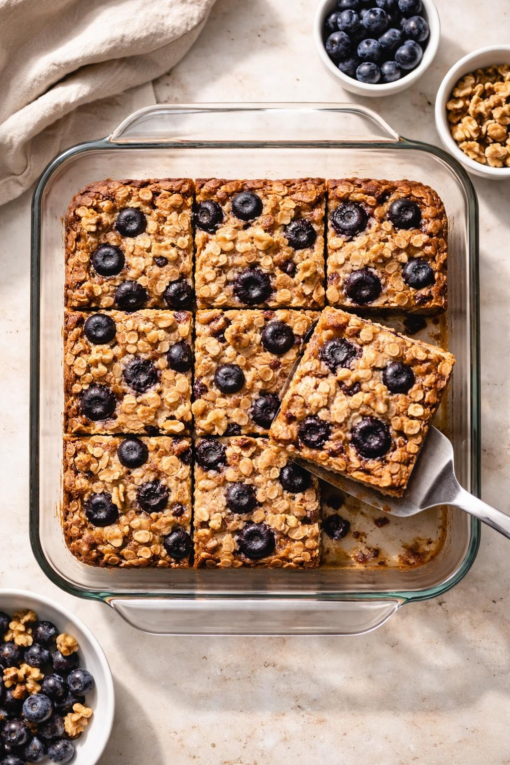 "Top-down realistic photo of a square glass baking dish filled with baked oatmeal, studded with blueberries and walnuts, cut into nine squares. A square lifted out on a spatula. Soft morning light, reheatable breakfast squares, no people, no hands, no text, no watermarks."