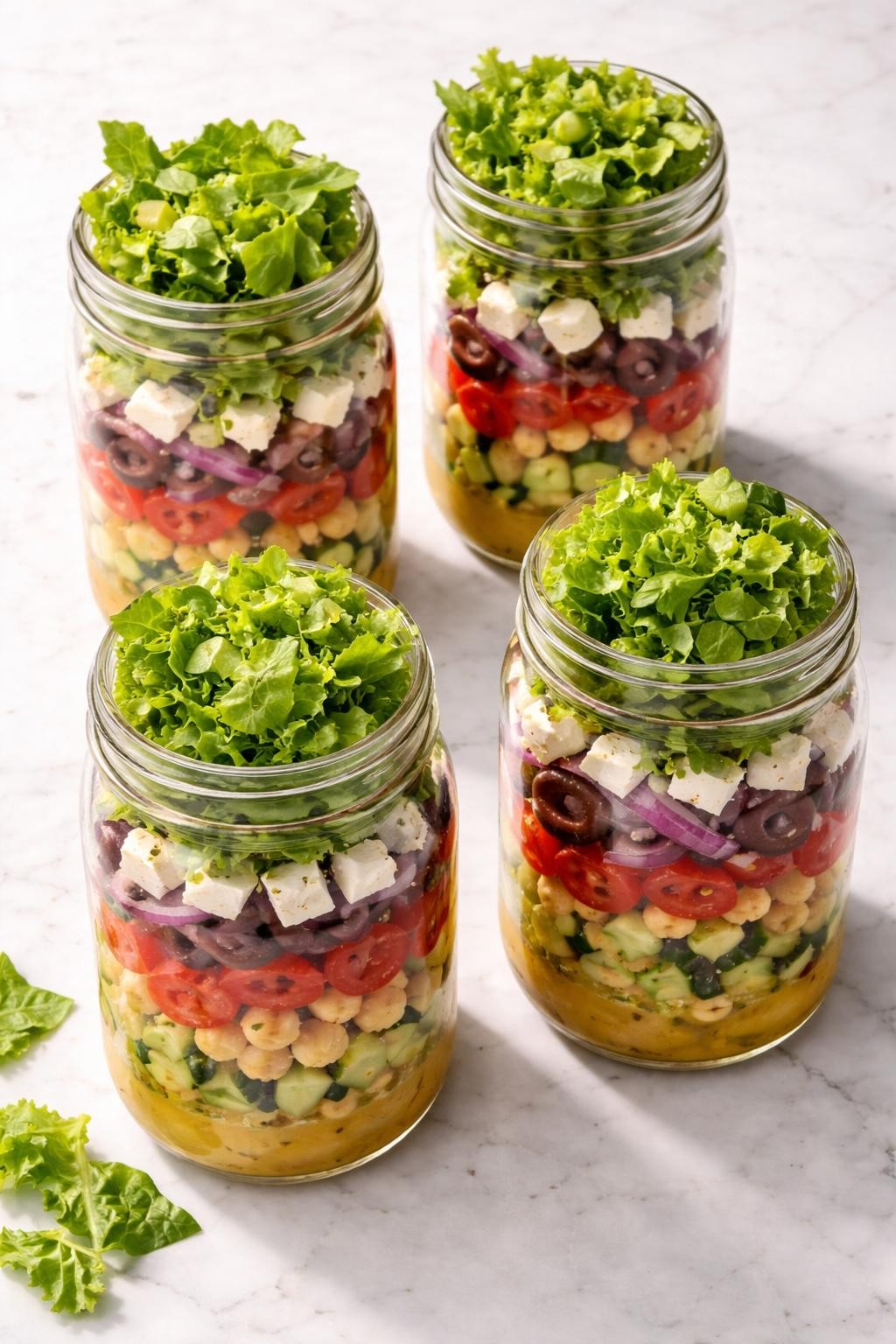 "Overhead realistic photo of four wide-mouth mason jars layered with salad ingredients: chickpeas, cucumber chunks, cherry tomatoes, Kalamata olives, red onion slivers, cubed feta cheese, and a lemon-oregano vinaigrette at the bottom. Romaine lettuce on top. Bright natural light, portable and crunchy prep, no people, no hands, no text, no watermarks."