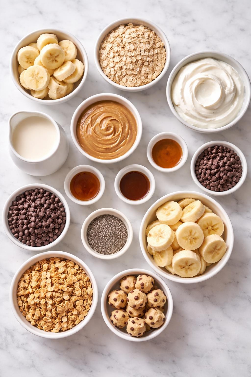 Prompt: A realistic top-down flat lay food photography image of cookie dough smoothie bowl ingredients arranged neatly on a countertop marble table. Include frozen banana slices, rolled oats, thick Greek yogurt, almond milk, almond butter, maple syrup, vanilla extract, mini chocolate chips, chia seeds, granola, fresh banana slices, and small safe edible cookie dough bites made without raw egg. Clean bright natural light, simple organized layout, no people, no hands, no text, no watermarks, no props with writing.