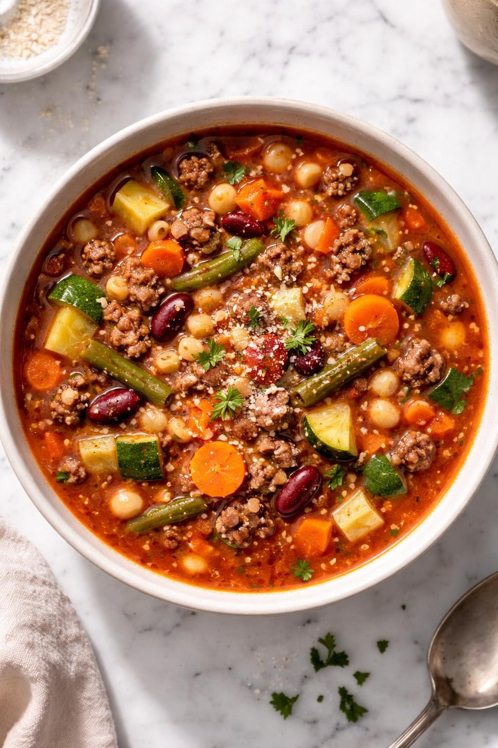 Image Prompt: Realistic top-down editorial food photography of hamburger minestrone-style soup in a simple bowl on a white marble countertop, rich tomato broth with browned ground beef, beans, pasta, zucchini, carrots, and green beans, hearty homemade soup styling, bright natural light, soft shadows, no people, no hands, no text, no watermarks, no props with writing.