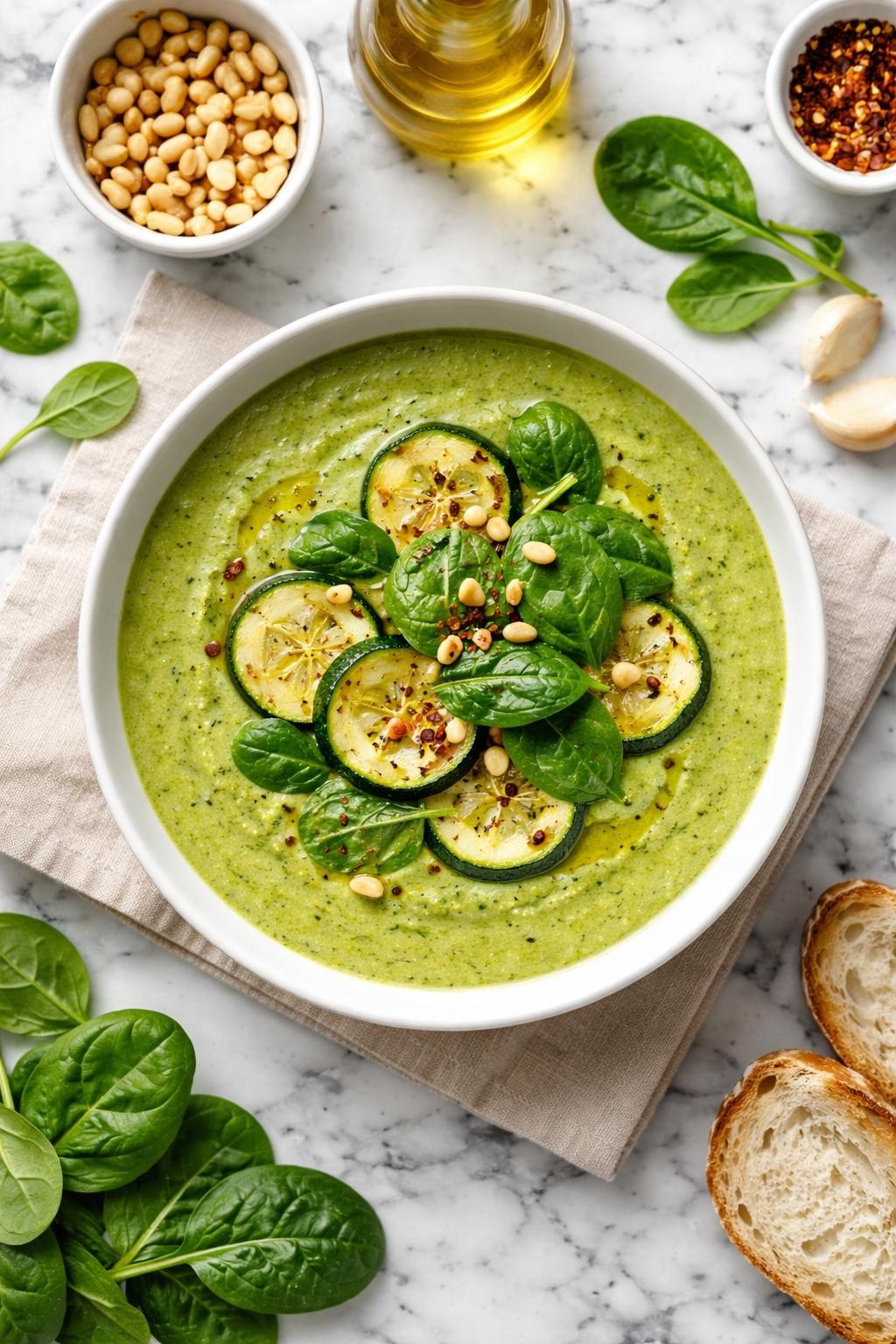 An overheard picture view of a plate of Zucchini and Spinach Soup sitting on a marble countertop table in the kitchen, professional food photography style.