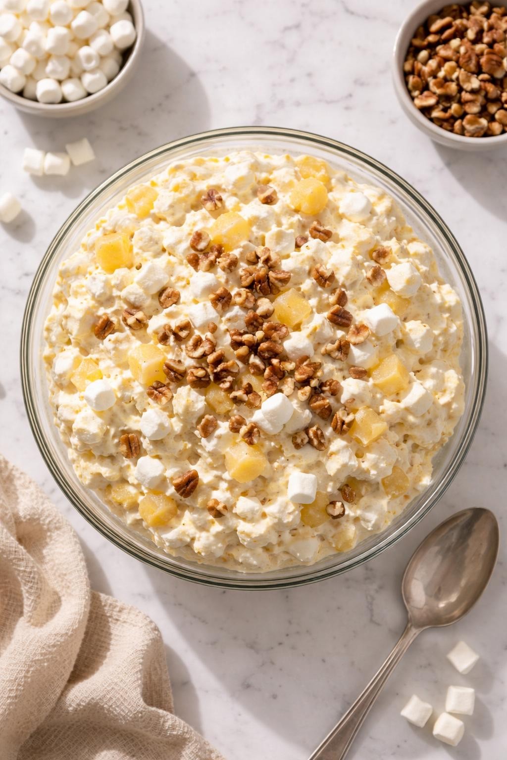 Image Prompt: Realistic top-down editorial food photography of pineapple fluff salad in a clear serving bowl on a white marble countertop, creamy pale yellow fluff with pineapple chunks, mini marshmallows, whipped topping, and chopped pecans, cozy homemade potluck side dish mood, bright natural daylight, soft shadows, clean editorial styling, high detail, realistic texture, no people, no hands, no text, no watermarks, no props with writing.