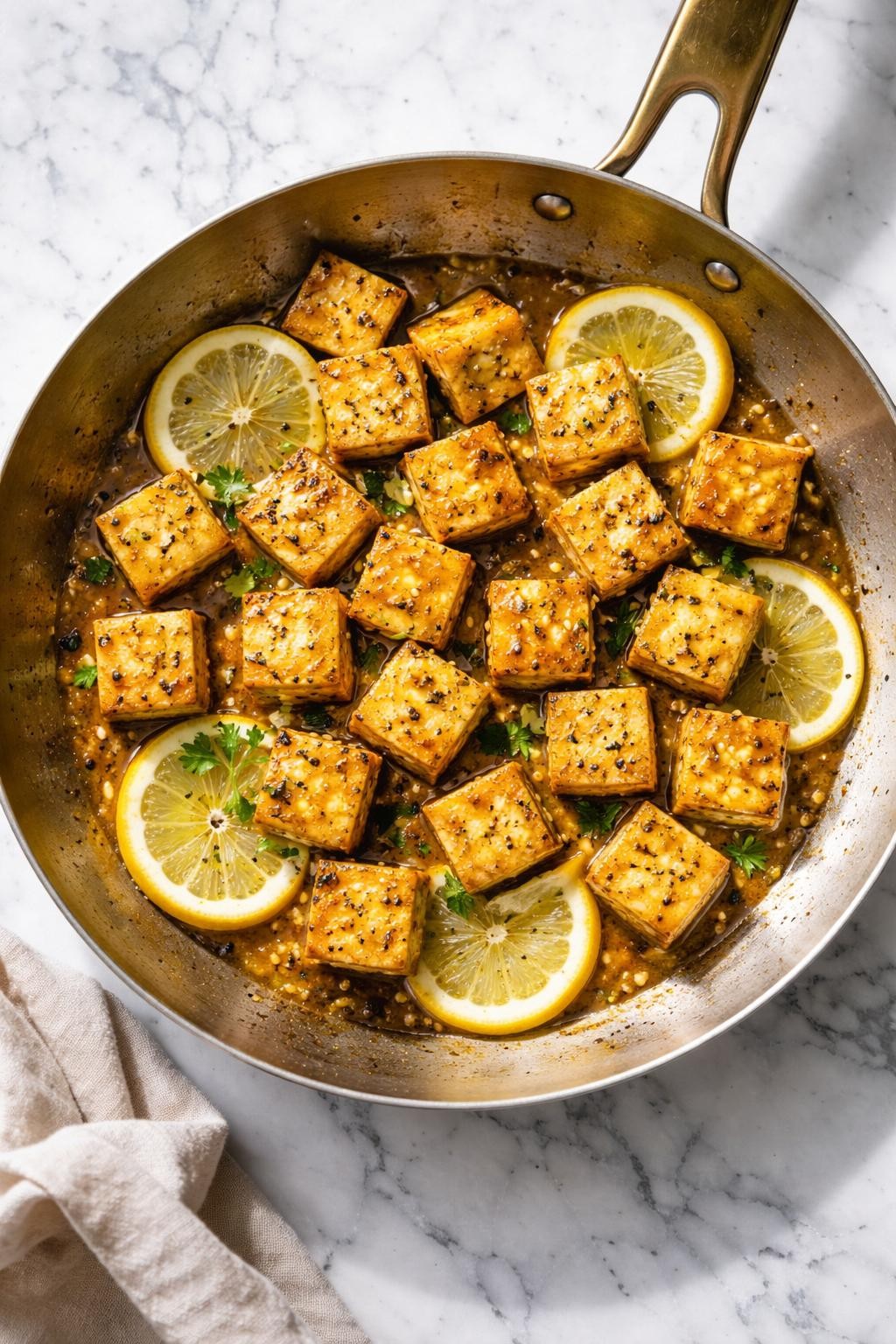 Image Prompt: Top-down realistic editorial food photography of lemon pepper tofu in a skillet on a clean gray and white marble countertop, golden pan-seared tofu cubes with visible black pepper and lemon slices, light glossy sauce, simple homemade vegan dinner styling, bright natural light, soft shadows, high detail, no people, no hands, no text, no watermarks, no props with writing.
