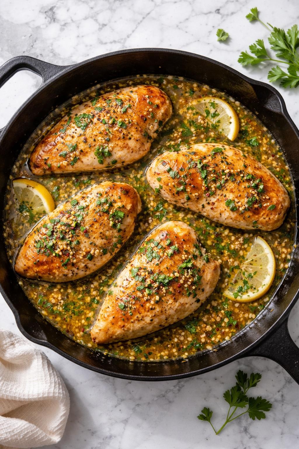 Image Prompt: Top-down realistic editorial food photography of garlic butter Italian chicken on a clean white and gray marble countertop, golden chicken breasts in a buttery garlic herb sauce with parsley in a skillet, warm savory homemade dinner mood, bright natural window lighting, soft shadows, high detail, no people, no hands, no text, no watermarks, no props with writing.