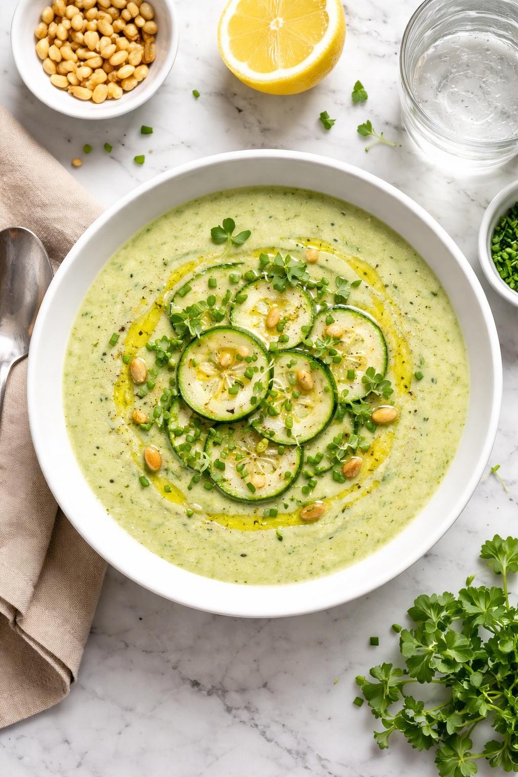 An overheard picture view of a plate of Chilled Zucchini Soup (Vichyssoise Style) sitting on a marble countertop table in the kitchen, professional food photography style.