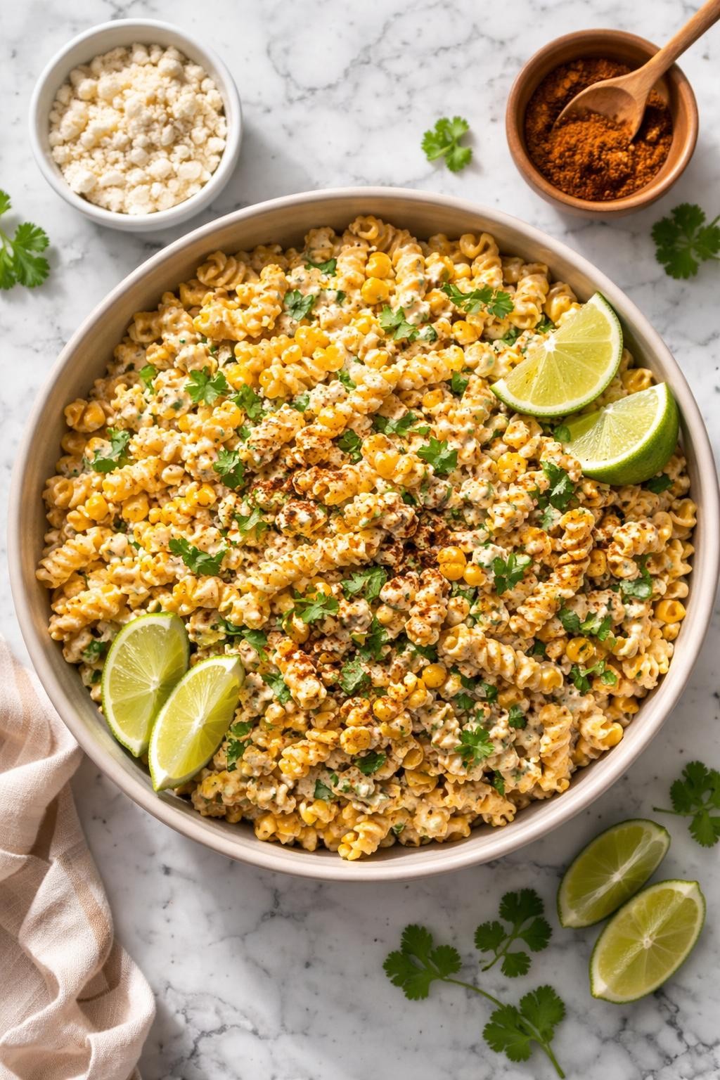 Image Prompt: Realistic top-down editorial food photography of Mexican street corn pasta salad in a large bowl on a clean white and gray marble countertop, pasta mixed with sweet corn, creamy dressing, crumbled cheese, chopped cilantro, lime wedges, and chili powder, bright natural window lighting, soft shadows, fresh homemade food styling, high detail, realistic food texture, no people, no hands, no text, no watermarks, no props with writing.