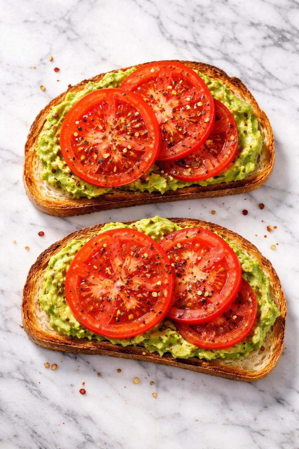Image Prompt: Top-down realistic editorial food photography of avocado toast with tomato slices and chili flakes on a clean white and gray marble countertop, thick toasted bread topped with smashed avocado, juicy tomato slices, cracked black pepper, and red pepper flakes, bright homemade breakfast mood, natural daylight, high detail, no people, no hands, no text, no watermarks, no props with writing.