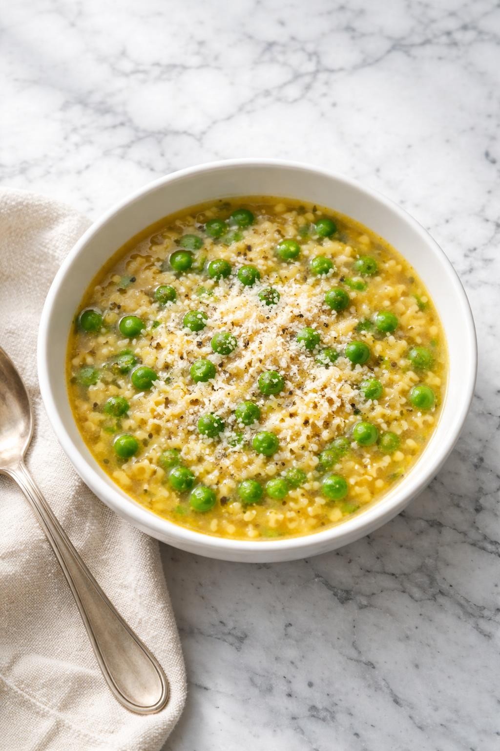 Image Prompt: Realistic top-down editorial food photography of pastina soup with peas in a white bowl on a white and gray marble countertop, tiny pastina pasta in a golden broth with green peas and grated parmesan, fresh cozy soup mood, bright natural window light, clean editorial styling, no people, no hands, no text, no watermarks, no props with writing.