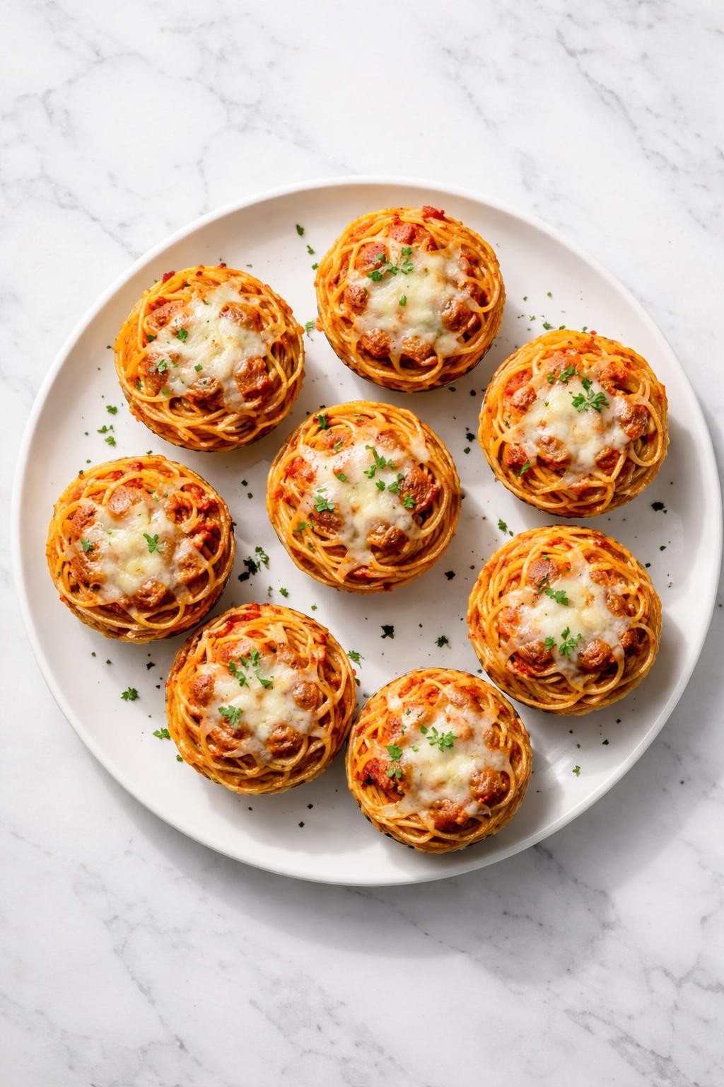 Prompt: Top-down realistic editorial food photography of leftover spaghetti muffins arranged on a white plate over a clean white marble countertop, baked spaghetti noodle nests with melted cheese and tomato sauce, lightly golden edges and soft centers, simple homemade meal styling, bright natural window light, soft shadows, clean composition, high detail, realistic food texture, no people, no hands, no text, no watermarks, no props with writing.