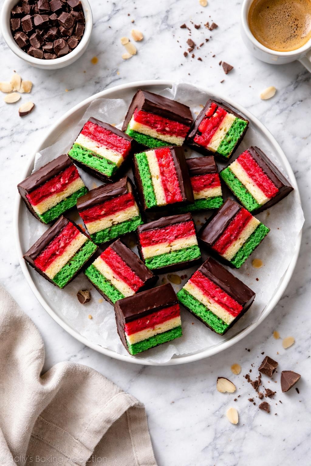 An overheard picture view of a plate of Italian Rainbow Cookies sitting on a marble countertop table in the kitchen, professional food photography style.
