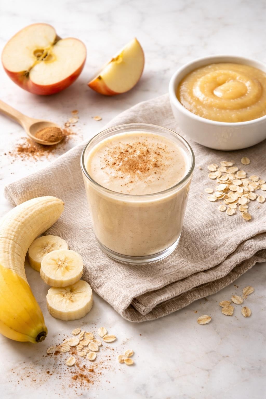 Realistic top-down editorial food photography of a creamy apple cinnamon toddler smoothie in a small clear cup on a light marble countertop. The smoothie is pale beige, smooth, and thick, styled with applesauce in a plain bowl, banana slices, rolled oats, and a light sprinkle of cinnamon nearby. Natural window lighting, cozy toddler breakfast styling, high detail, realistic smoothie texture, no people, no hands, no text, no watermarks, no props with writing.