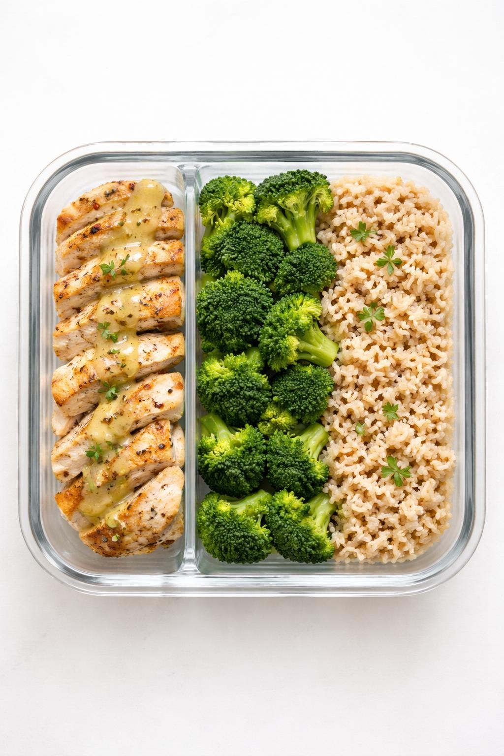 "Top-down realistic food photography of a divided glass meal prep container with three sections: left section holds seasoned grilled chicken breast cut into strips, middle section has steamed bright green broccoli florets, right section contains fluffy brown rice. A light drizzle of lemon sauce over the chicken. Clean white background, bright daylight, organized and fresh meal prep aesthetic, no people, no hands, no text, no watermarks."