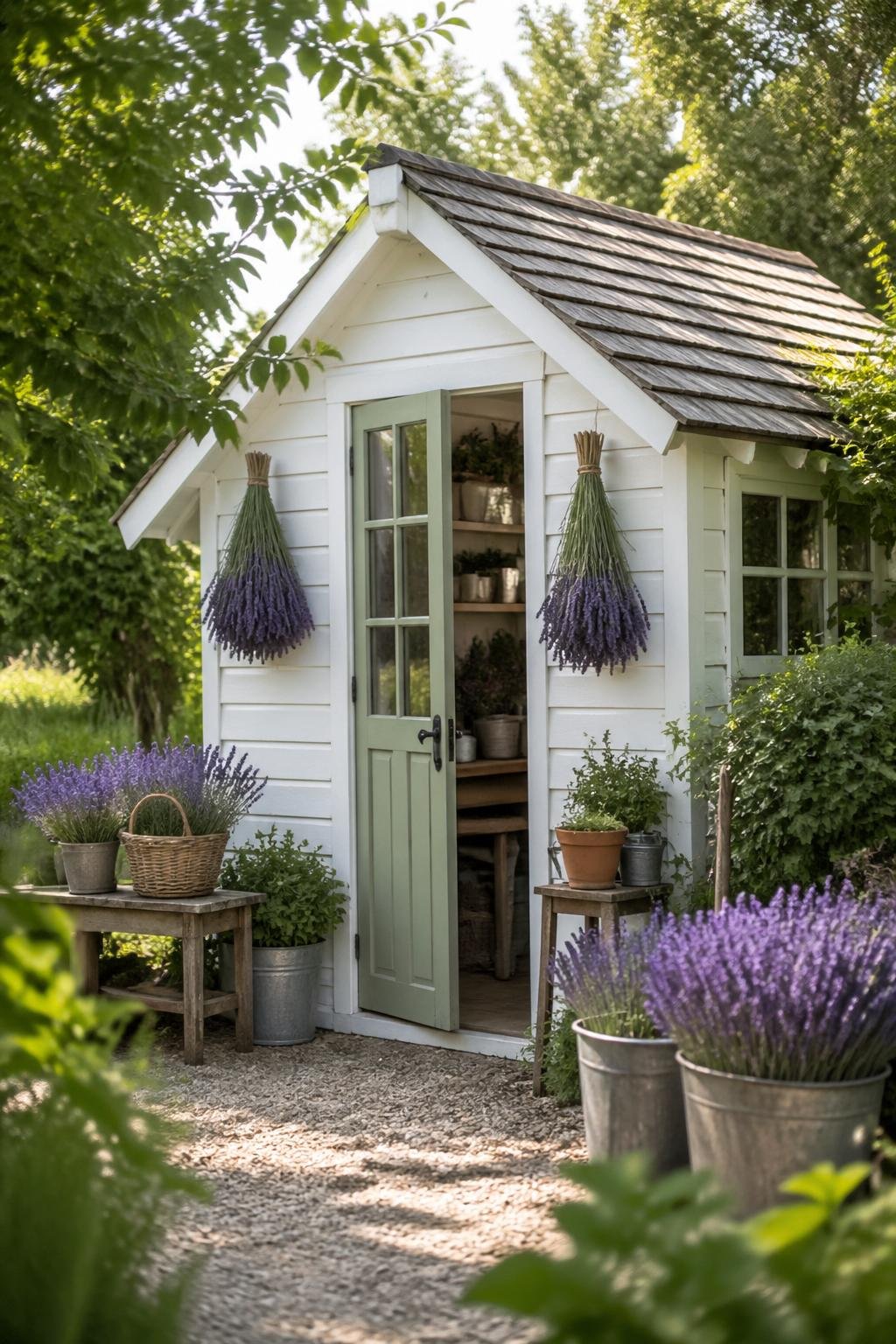 A white garden potting shed with a sage green door surrounded by greenery and bundles of lavender.