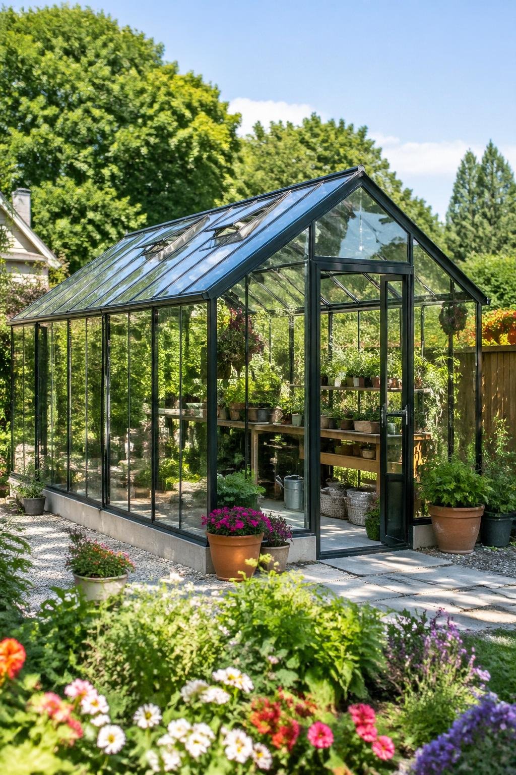 A glass greenhouse shed surrounded by a vibrant garden with plants and flowers visible through the transparent walls.