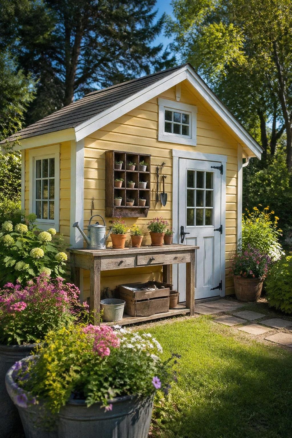 A yellow garden shed with a wooden worktable in front, surrounded by flowers and greenery under a clear sky.