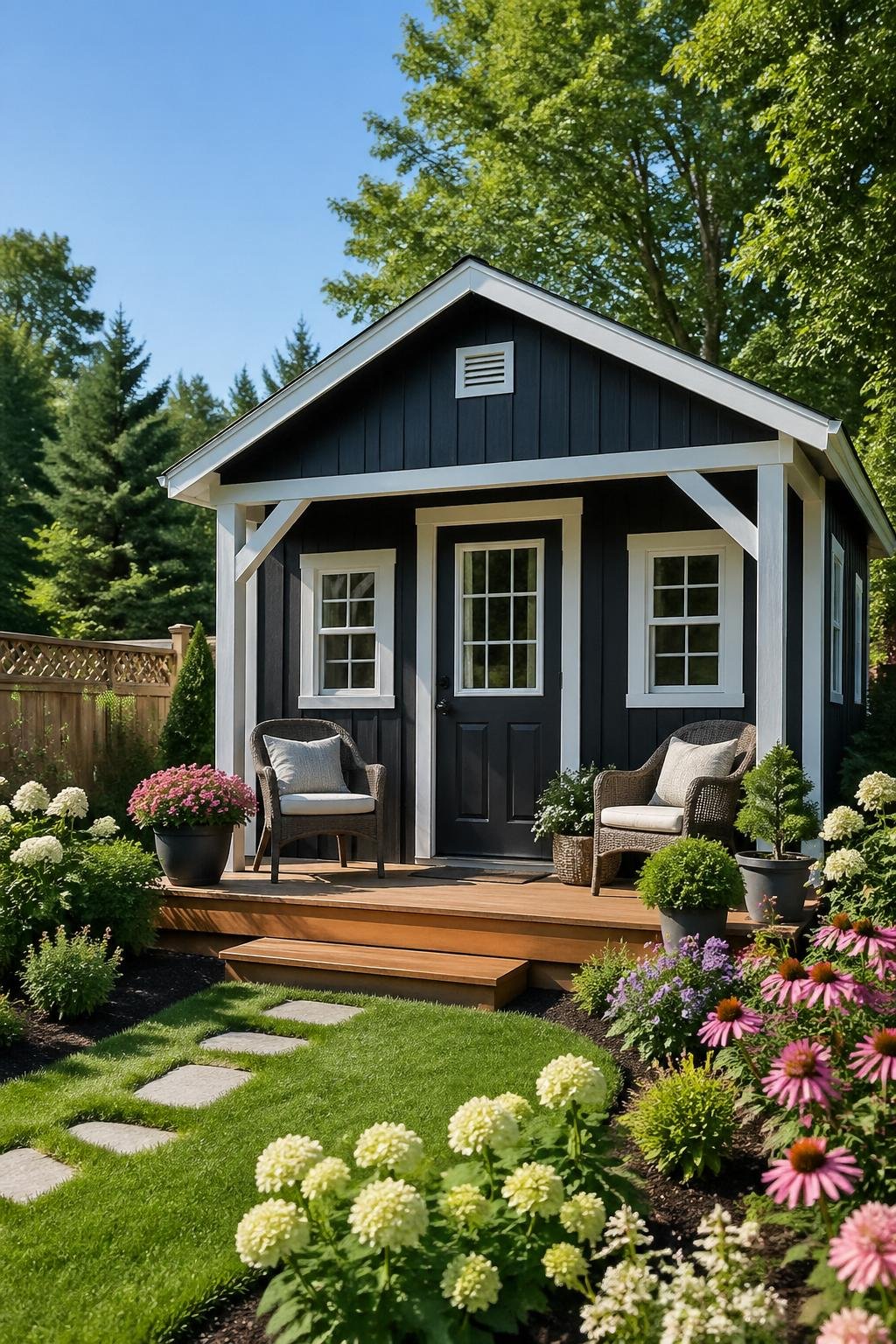 A black garden shed with white trim and a front porch surrounded by a green garden with flowers and shrubs.
