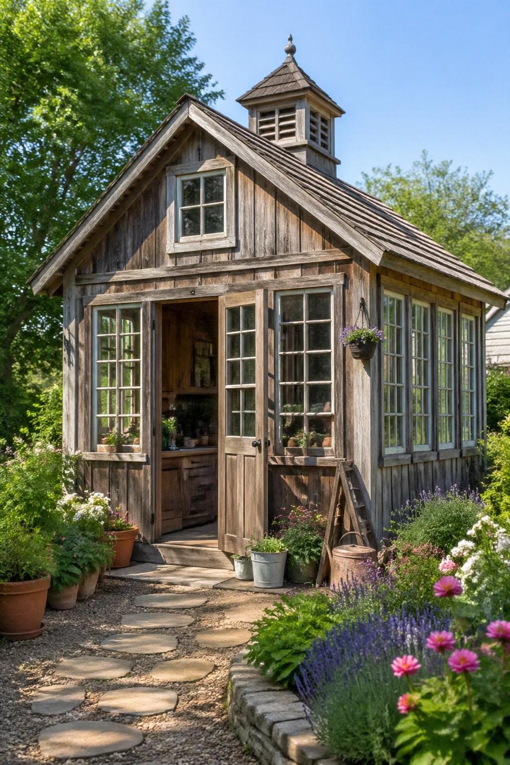 A garden shed built from repurposed materials with barn-board siding, salvaged windows, and a cupola on top.