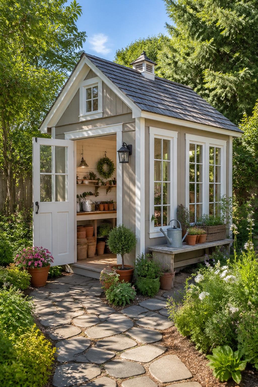A garden potting shed with a shingled roof and tall windows surrounded by plants and flowers in a backyard.