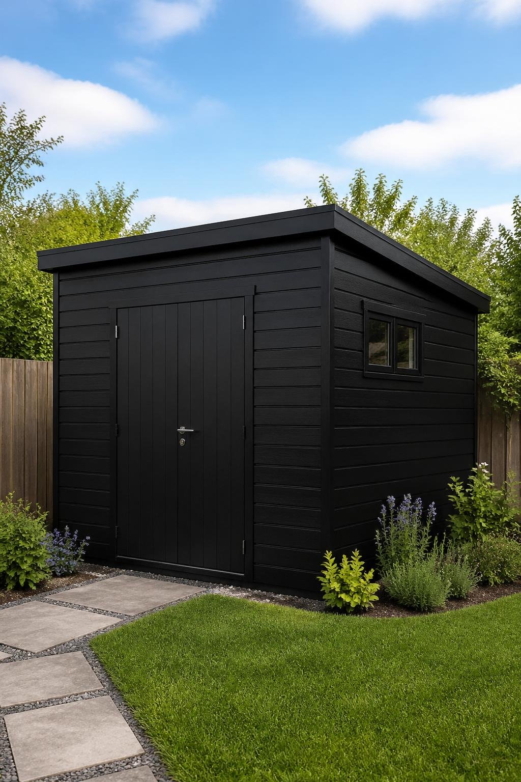 A black garden shed with clean lines surrounded by green grass and plants under a blue sky.